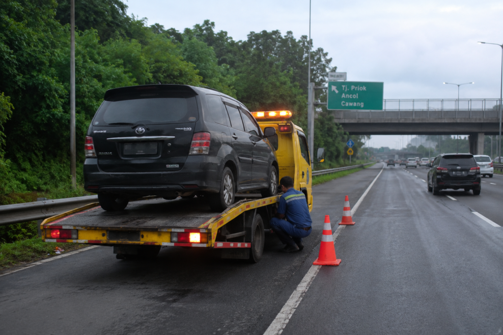Derek mobil di jalan tol saat kendaraan bermasalah